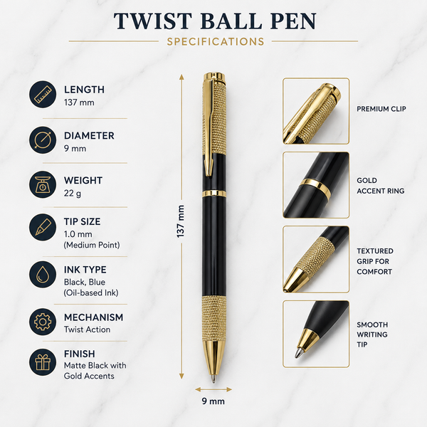 Ballpen Bazaar Metallic Glossy Black Ball Pen with Textured Glossy Gold Grip & Gold Clip | Twist Mechanism | Black Ink | Premium Metal Writing Pen | 1 Pen + 1 Extra Refill