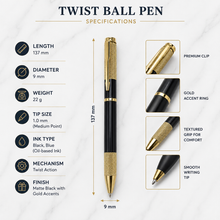 Ballpen Bazaar Metallic Glossy Black Ball Pen with Textured Glossy Gold Grip & Gold Clip | Twist Mechanism | Blue Ink | Premium Metal Writing Pen | 1 Pen + 1 Extra Free Refill
