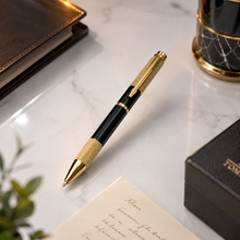 Ballpen Bazaar Metallic Glossy Black Ball Pen with Textured Glossy Gold Grip & Gold Clip | Twist Mechanism | Blue Ink | Premium Metal Writing Pen | 1 Pen + 1 Extra Free Refill