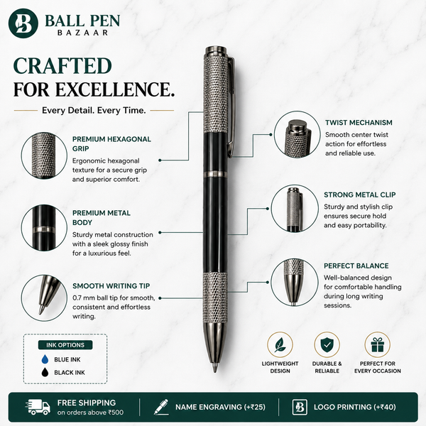 Ballpen Bazaar Metallic Glossy Black Metal Ball Pen with Textured Glossy Gunmetal Grip & Gunmetal Clip | Twist Mechanism | Black Ink | 1 Pen with 1 Extra Free Refill | Premium Executive Writing Pen