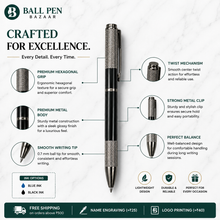 Ballpen Bazaar Metallic Glossy Black Metal Ball Pen with Textured Glossy Gunmetal Grip & Gunmetal Clip | Twist Mechanism | Blue Ink | 1 Pen + 1 Extra Free Refill | Premium Executive Writing Pen