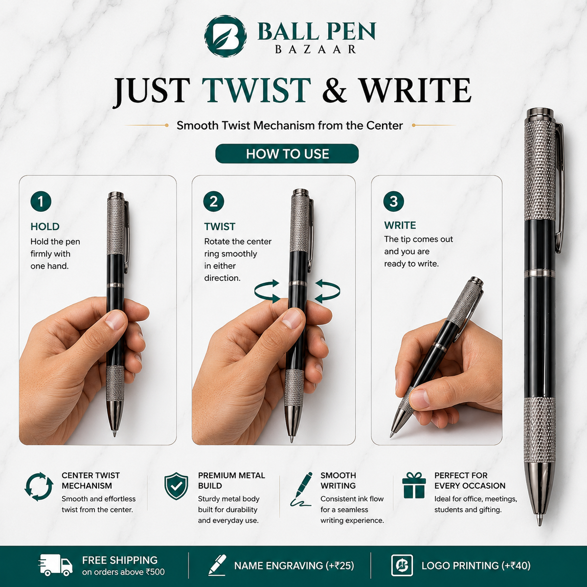 Set of 5 Premium Metal Twist Ball Pens – Assorted Designs product view 12
