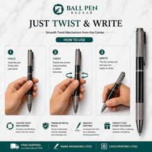 Ballpen Bazaar Metallic Glossy Black Metal Ball Pen with Textured Glossy Gunmetal Grip & Gunmetal Clip | Twist Mechanism | Blue Ink | 1 Pen + 1 Extra Free Refill | Premium Executive Writing Pen