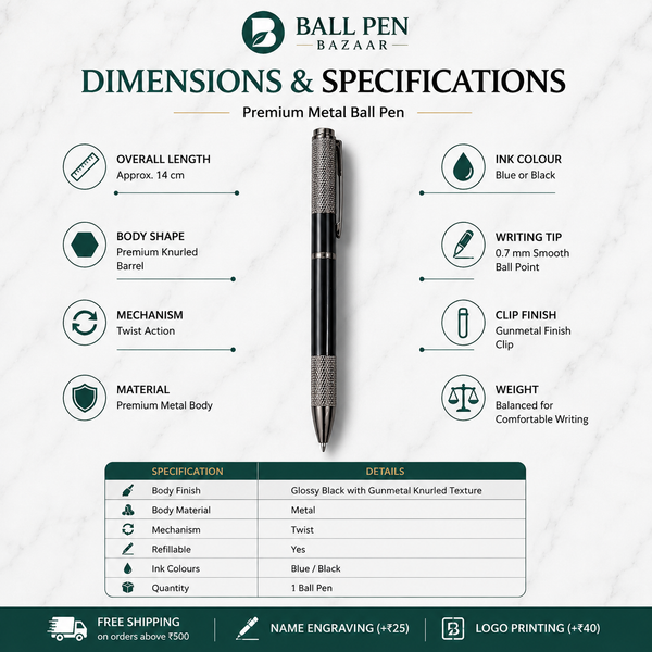 Ballpen Bazaar Metallic Glossy Black Metal Ball Pen with Textured Glossy Gunmetal Grip & Gunmetal Clip | Twist Mechanism | Blue Ink | 1 Pen + 1 Extra Free Refill | Premium Executive Writing Pen