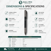 Ballpen Bazaar Metallic Glossy Black Metal Ball Pen with Textured Glossy Gunmetal Grip & Gunmetal Clip | Twist Mechanism | Blue Ink | 1 Pen + 1 Extra Free Refill | Premium Executive Writing Pen
