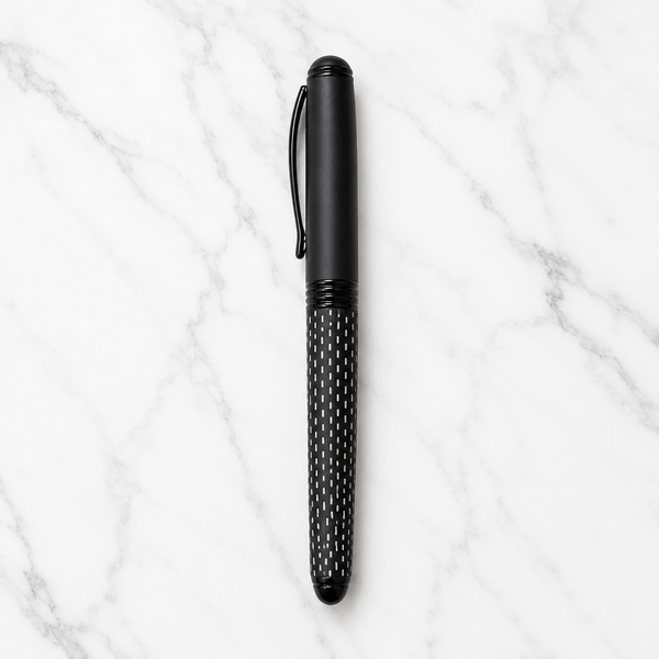 Ball Pen Bazaar Stylus Matt Black Roller Ball Pen with White Design & Glossy Clip | Openable Cap | Black Ink | 1 Extra Refill Free