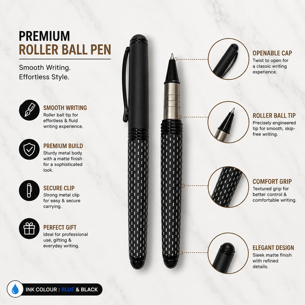 Ball Pen Bazaar Stylus Matt Black Roller Ball Pen with White Design, Black Cap & Glossy Clip | Openable Mechanism | Blue Ink | 1 Extra Refill