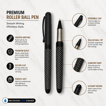 Ball Pen Bazaar Stylus Matt Black Roller Ball Pen with White Design & Glossy Clip | Openable Cap | Black Ink | 1 Extra Refill Free