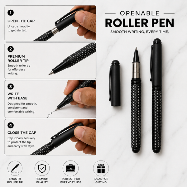 Ball Pen Bazaar Stylus Matt Black Roller Ball Pen with White Design & Glossy Clip | Openable Cap | Black Ink | 1 Extra Refill Free
