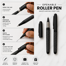 Ball Pen Bazaar Stylus Matt Black Roller Ball Pen with White Design & Glossy Clip | Openable Cap | Black Ink | 1 Extra Refill Free
