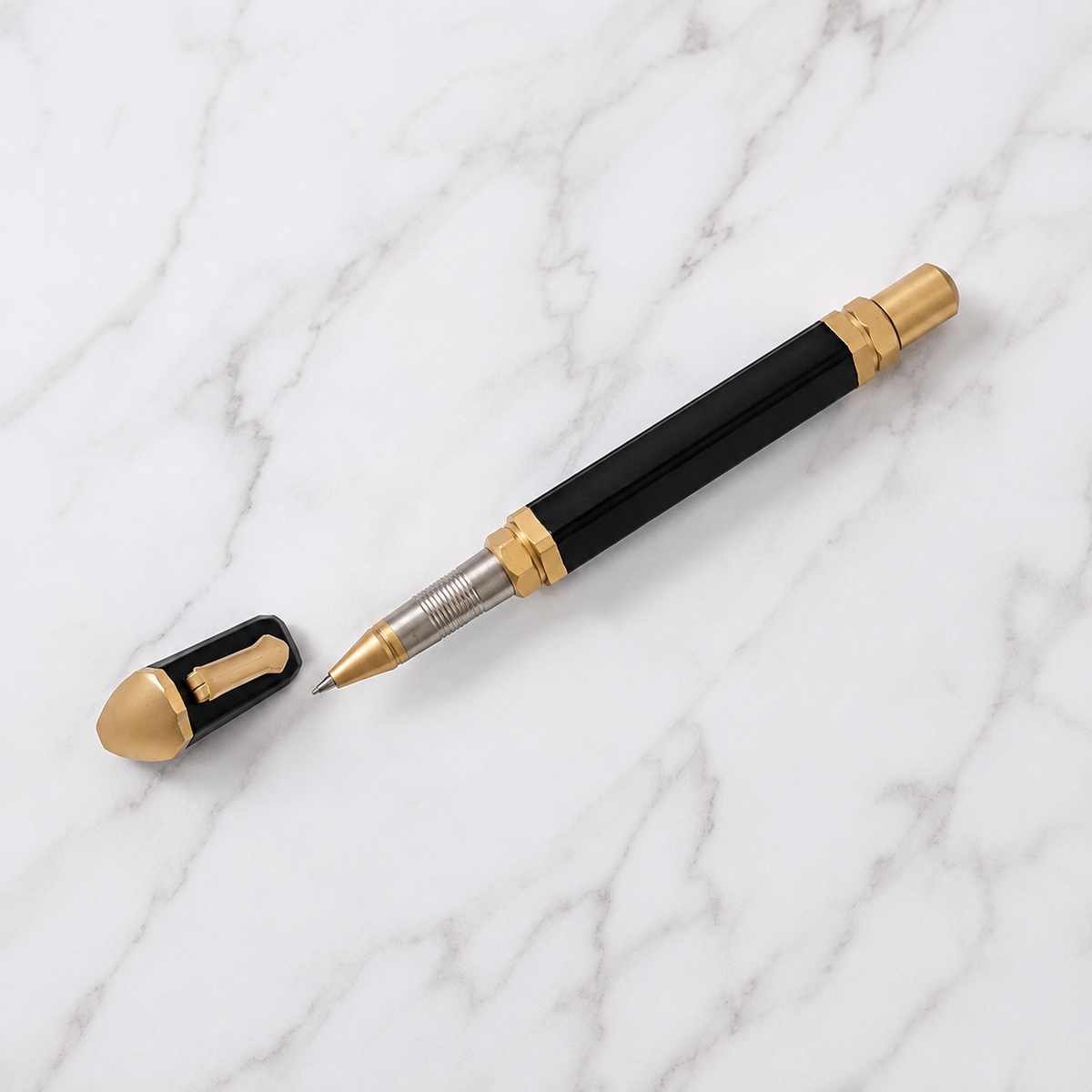 Matt black triangle roller ball pen with gold clip and openable cap