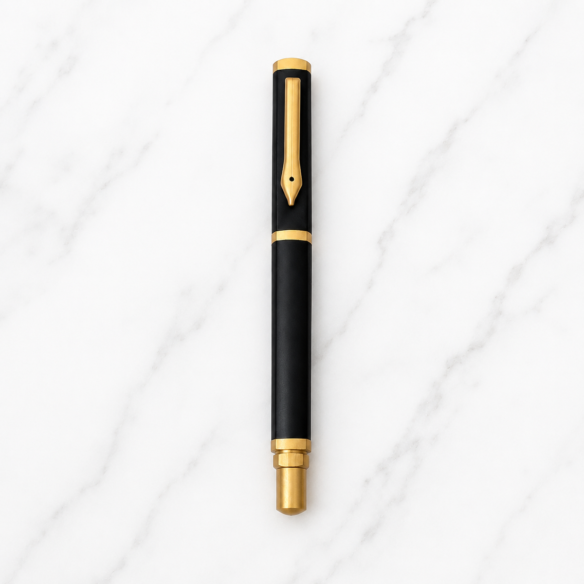 Matt black triangle roller ball pen with gold clip and openable cap