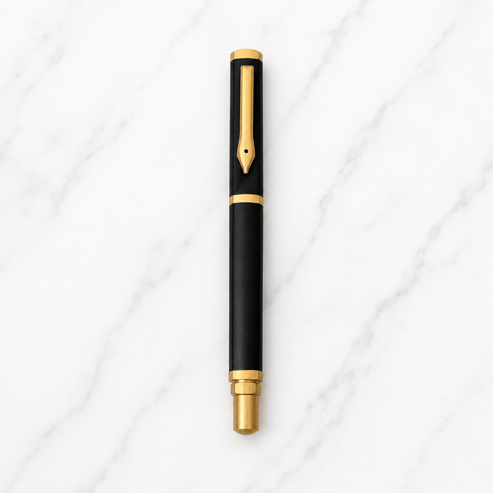 Matt black triangle roller ball pen with gold clip and openable cap