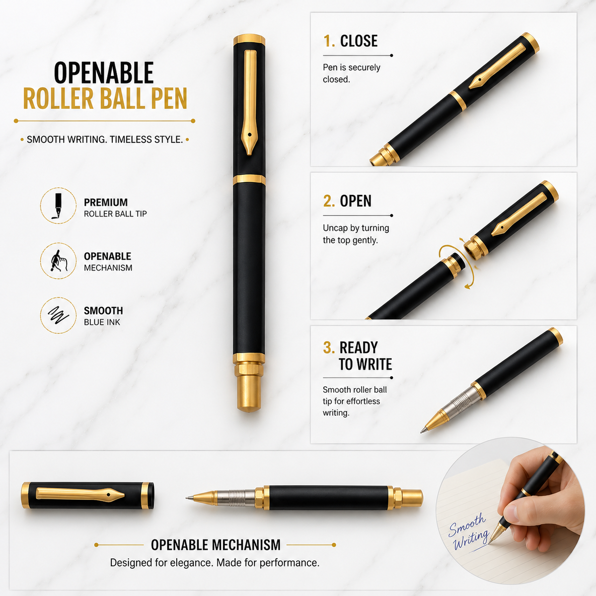 Matt black triangle roller ball pen with gold clip and openable cap