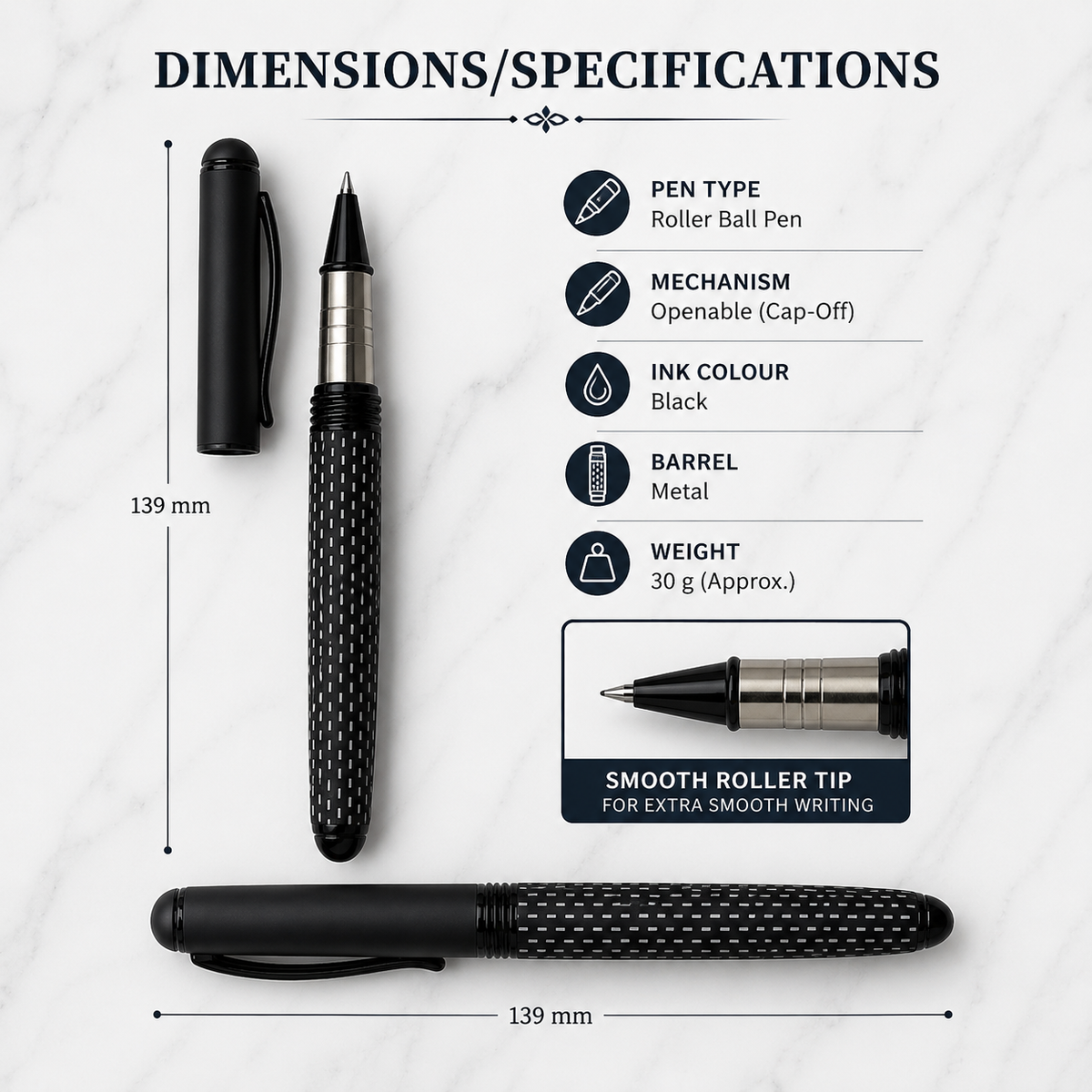 Matt black stylus roller ball pen with white design and openable cap