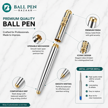Ballpen Bazaar Metallic Glossy Silver Ball Pen with Silver Cap & Gold Ashoka Emblem Clip | Openable Mechanism | Blue Ink | Premium Metal Pen with 1 Free Metal Jotter Refill | Pack of 1