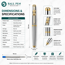 Ballpen Bazaar Metallic Glossy Silver Ball Pen with Silver Cap & Gold Ashoka Emblem Clip | Openable Mechanism | Blue Ink | Premium Metal Pen with 1 Free Metal Jotter Refill | Pack of 1