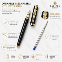 Ballpen Bazaar Metallic Glossy Black Ball Pen with Black Cap and Gold Ashoka Emblem Clip | Openable Mechanism | Blue Ink | Premium Metal Executive Pen | 1 Pen with 1 Free Metal Jotter Refill
