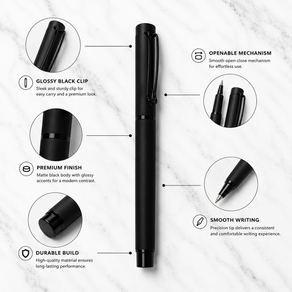 Ballpen Bazaar Matt Black Metal Ball Pen with Matt Black Cap | Openable Cap Mechanism | Blue Ink | 1 Free Refill | Executive Writing Pen | 1 Pc