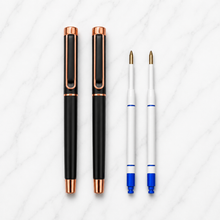 Ballpen Bazaar Set of 2 Matt Black Ball Pens with Black Cap and Glossy Rose Gold Designer Clip | Openable Metal Ball Pen | Blue Ink | Includes 2 Free Plastic Jotter Blue Ink Refills