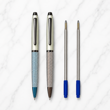 Ballpen Bazaar Set of 2 Premium Twist Ball Pens | Matt Pearl White Body with Blue & Brown Grid Dual Colour Design | Blue & Brown Clips | Blue Ink | Includes 2 Free Cross Type Refills