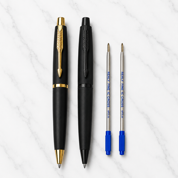 Ballpen Bazaar Set of 2 Matte Black Metal Ball Pens with Gold & Black Clips | Twist Mechanism | Blue Ink | Includes 2 Free Cross Type Refills