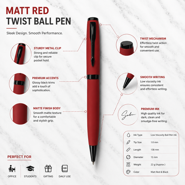Ballpen Bazaar Matt Red Body Ball Pen with Glossy Black Clip | Twist Mechanism | Blue Ink | Free 1 Refill | Premium Metal Pen | 1 Pc