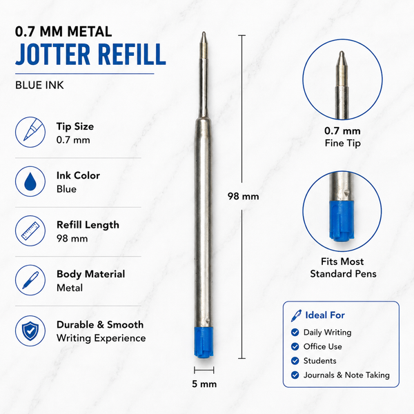 Ballpen Bazaar 0.6 MM Metal Jotter Refill Blue Ink Pack of 3 | Smooth Writing Replacement Pen Refills for Metal Jotter Ball Pens