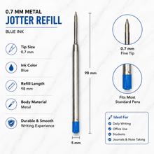 Ballpen Bazaar 0.7 MM Metal Jotter Refill Blue Ink for Ball Pens | Smooth Writing Replacement Refills | Pack of 3