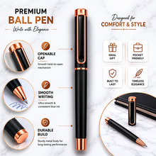 Ballpen Bazaar Matt Black Ball Pen with Rose Gold Clip | Openable Cap Mechanism | Smooth Blue Ink Writing Pen | Premium Metal Executive Pen | 1 Piece