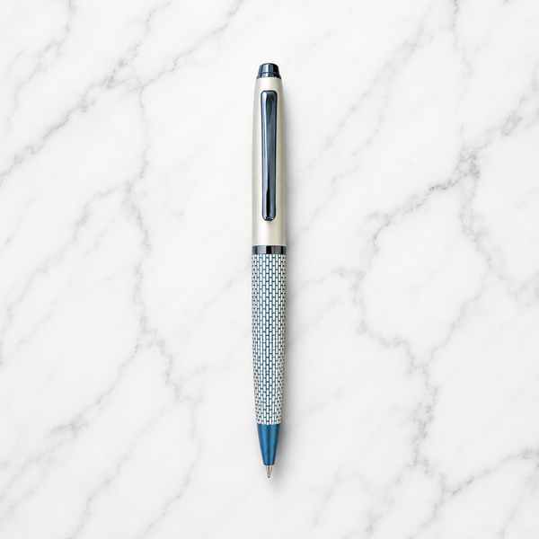 Ballpen Bazaar Matt Pearl White & Blue Grid Design Ball Pen with Glossy Brown Clip | Twist Mechanism | Smooth Blue Ink | Premium Metal Writing Pen | 1 Pc