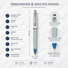 Ballpen Bazaar Matt Pearl White & Blue Grid Design Ball Pen with Glossy Brown Clip | Twist Mechanism | Smooth Blue Ink | Premium Metal Writing Pen | 1 Pc