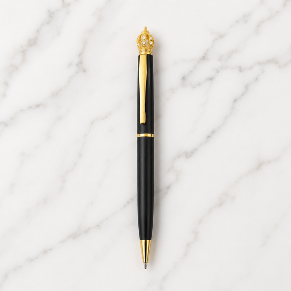 Ballpen Bazaar Matte Black Ball Pen with Gold Clip & Crown Top | Twist Mechanism | Smooth Blue Ink Writing Pen | Premium Metal Executive Gift Pen | 1 Piece