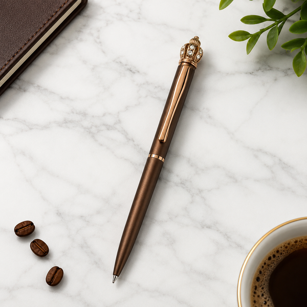 Ballpen Bazaar Matt Brown Ball Pen with Glossy Brown Clip & Brown Crown Top | Twist Mechanism | Smooth Blue Ink Writing Pen | Premium Executive Gift Pen | 1 Piece