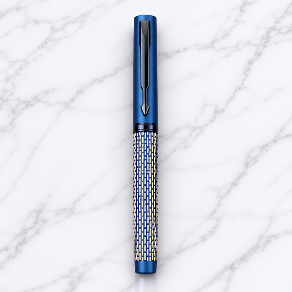 Ballpen Bazaar Matt Pearl White Ball Pen with Blue Grid Design & Glossy Blue Clip | Openable Cap Mechanism | Smooth Blue Ink Writing Pen | Premium Executive Pen | 1 Piece
