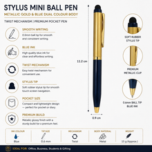 Ballpen Bazaar Stylus Set of 2 Mini Metal Ball Pens – Metallic Glossy Gold & Red and Gold & Blue Dual Colour Body with Gold Clip, Twist Mechanism, Blue Ink, 2 Free Mini VT Refills