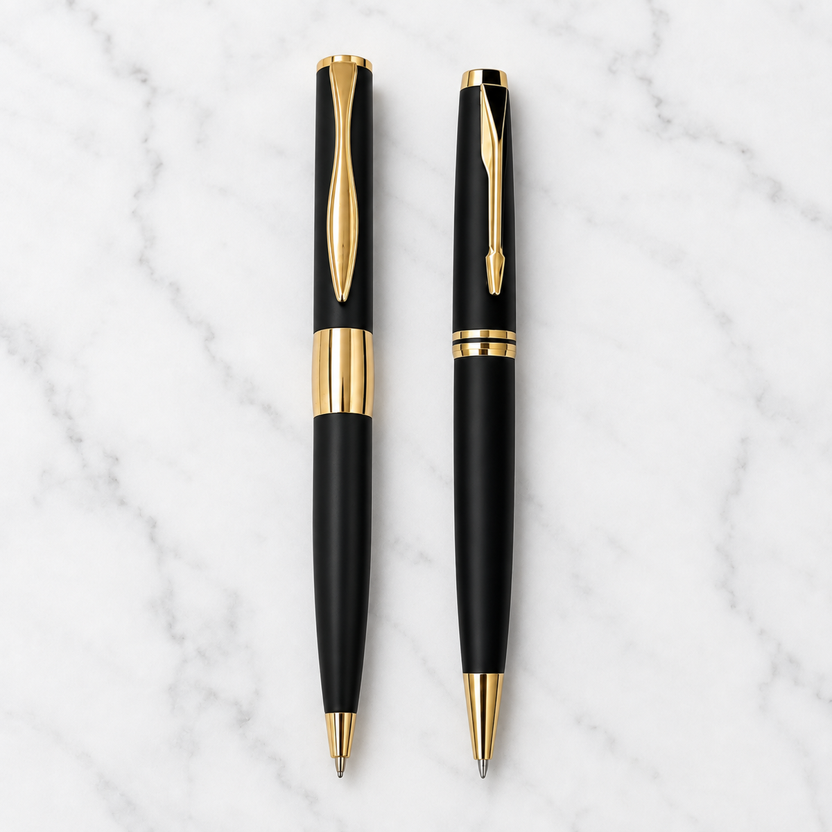 Set of 2 Premium Matt Black Gold Twist Metal Ball Pens | Blue Ink | 2 Free Blue Refills | Executive Gift Pens