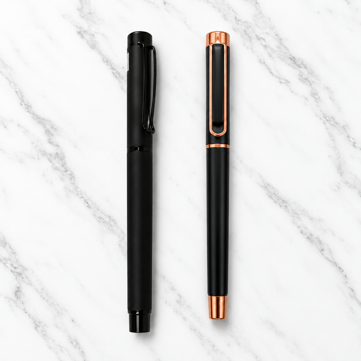 Set of 2 Premium Openable Metal Ball Pens – Matt Black with Black & Copper Clip | Blue Ink | 2 Free Refills