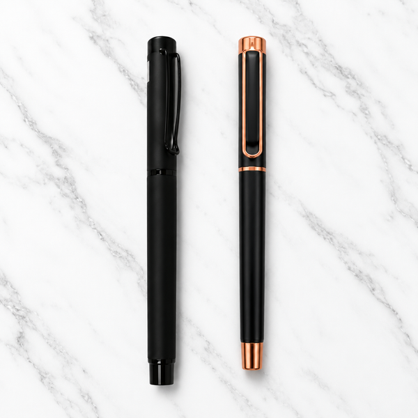 Set of 2 Premium Openable Metal Ball Pens – Matt Black with Black & Copper Clip | Blue Ink | 2 Free Refills