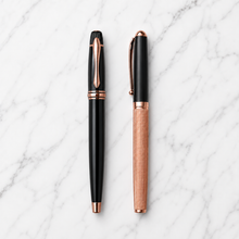 Set of 2 Premium Openable Metal Ball Pens – Metallic Glossy Designer Rose Gold & Metallic Glossy Black with Black Cap and Copper Clip | Blue Ink | 2 Free Refills