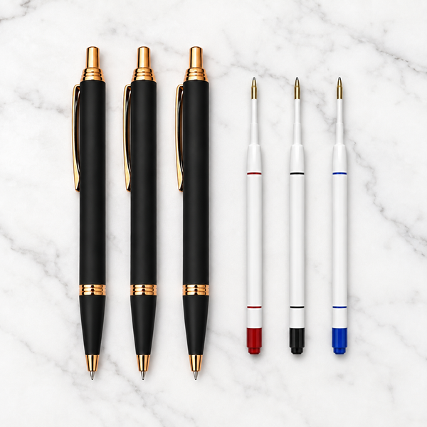 Set of 03 Matt Black Metal Ball Pens with Copper Clip | Click Mechanism | Blue Ink | 3 Free Refills