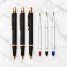 Set of 03 Matt Black Metal Ball Pens with Copper Clip | Click Mechanism | Blue Ink | 3 Free Refills