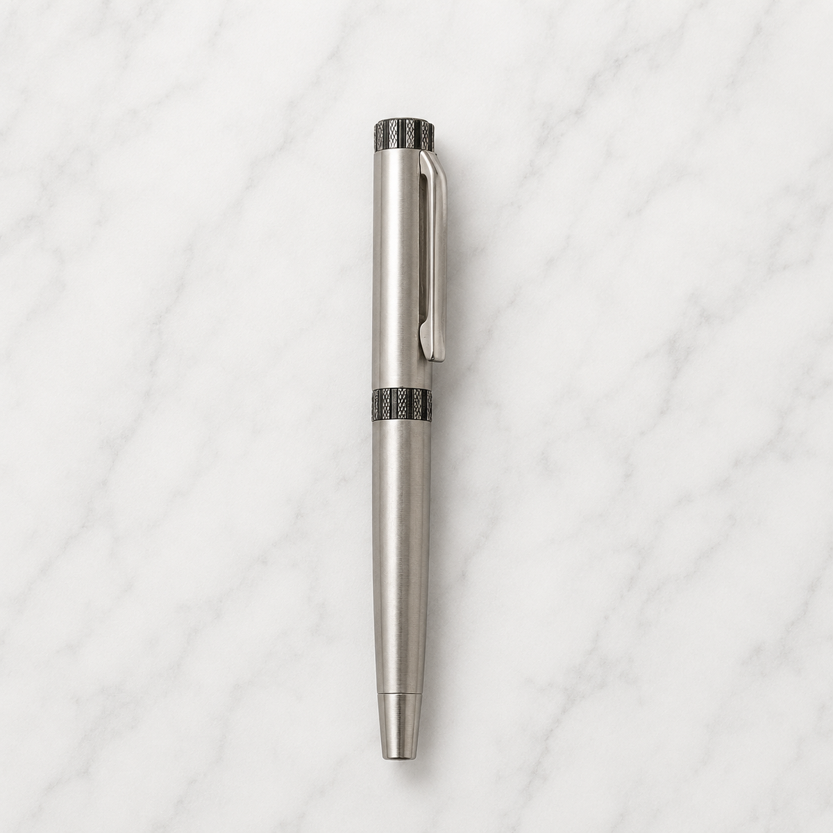 Glossy gunmetal roller ball pen with gunmetal cap, openable mechanism and blue ink