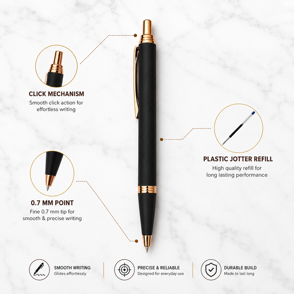 Ballpen Bazaar Matt Black Metal Ball Pen with Rose Gold Clip | Click Mechanism | Blue Ink | 1 Pen + 1 Free Refill