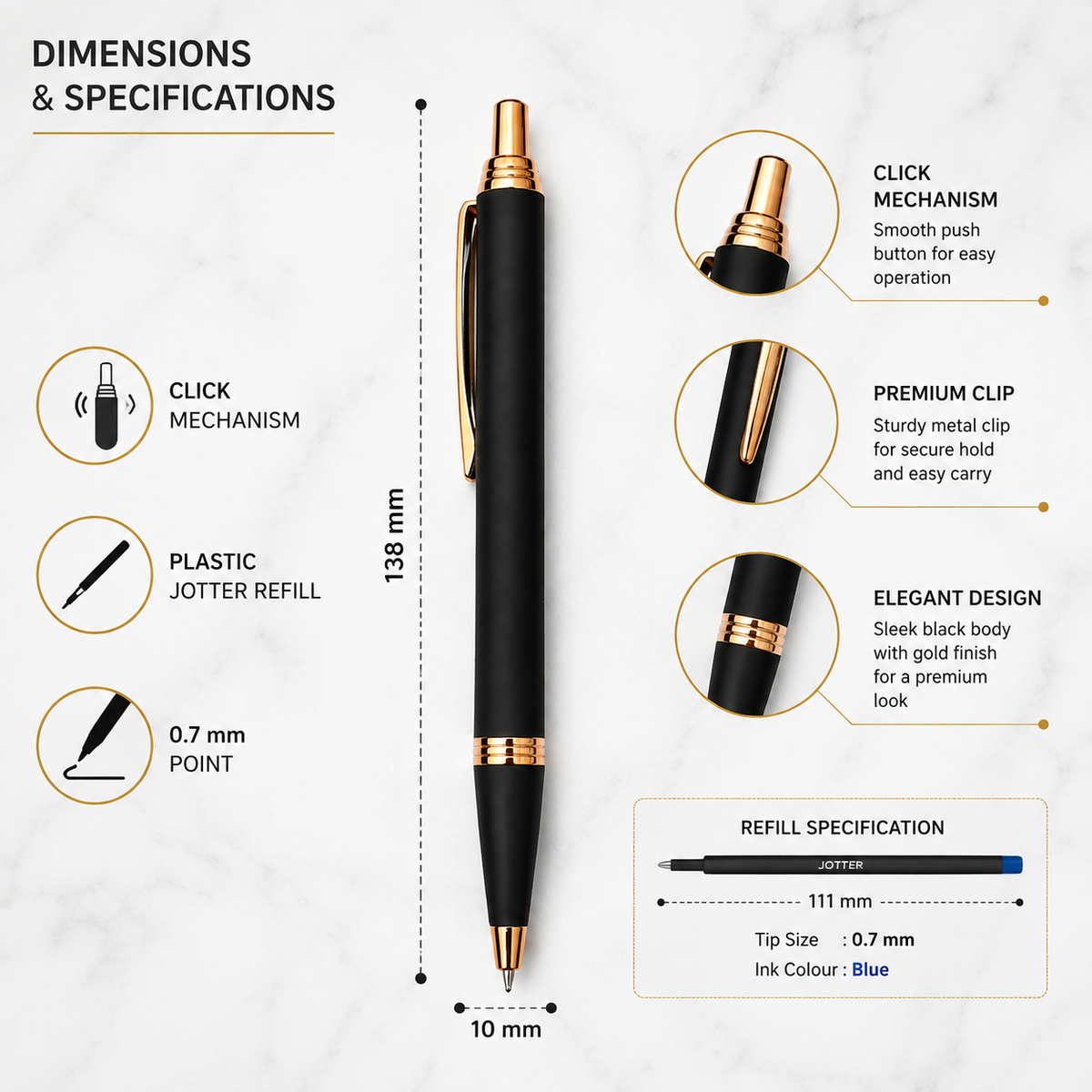 Matt Black Click Ball Pen with Rose Gold Clip product view 4