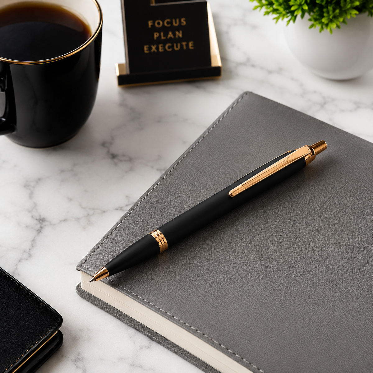 Matt Black Click Ball Pen with Rose Gold Clip product view 5