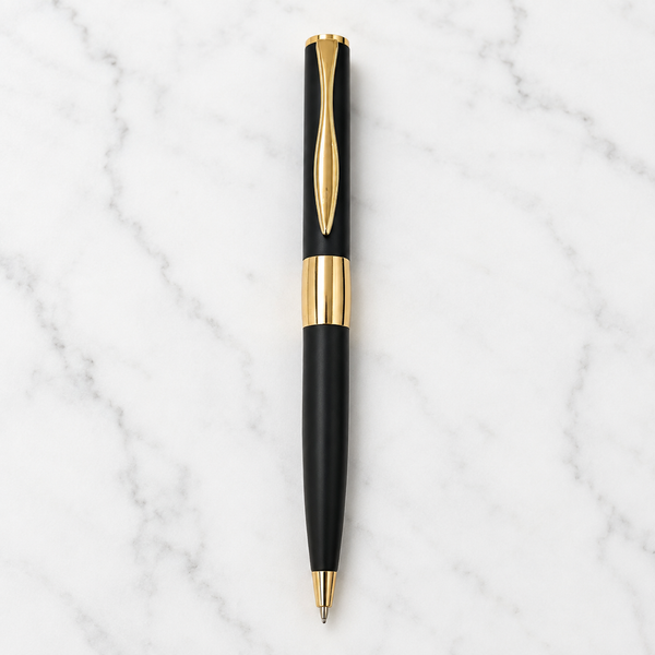 Ballpen Bazaar Matt Black Metal Ball Pen with Gold Design & Gold Clip | Twist Mechanism | Blue Ink | 1 Pen + 1 Free Refill