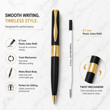 Ballpen Bazaar Matt Black Metal Ball Pen with Gold Design & Gold Clip | Twist Mechanism | Blue Ink | 1 Pen + 1 Free Refill