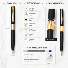 Ballpen Bazaar Matt Black Metal Ball Pen with Gold Design & Gold Clip | Twist Mechanism | Blue Ink | 1 Pen + 1 Free Refill