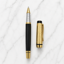 Ballpen Bazaar Metallic Glossy Black Roller Ball Pen with Designer Gold Cap & Clip | Openable | Blue Ink | 1 Pen + 1 Free Refill